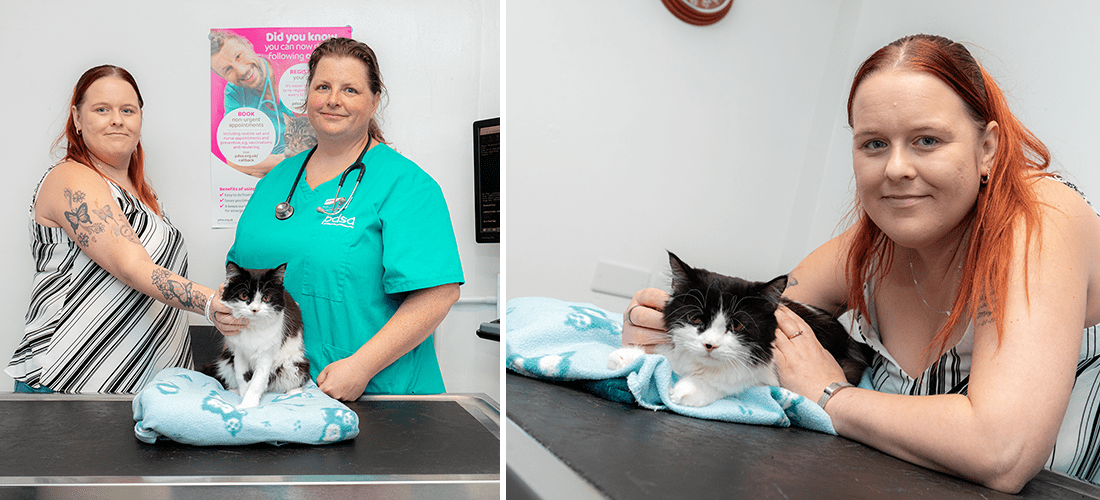 Photos showing Oreo with her owner Mel Woodward and Vet Penny Morgan at Bristol Pet Hospital