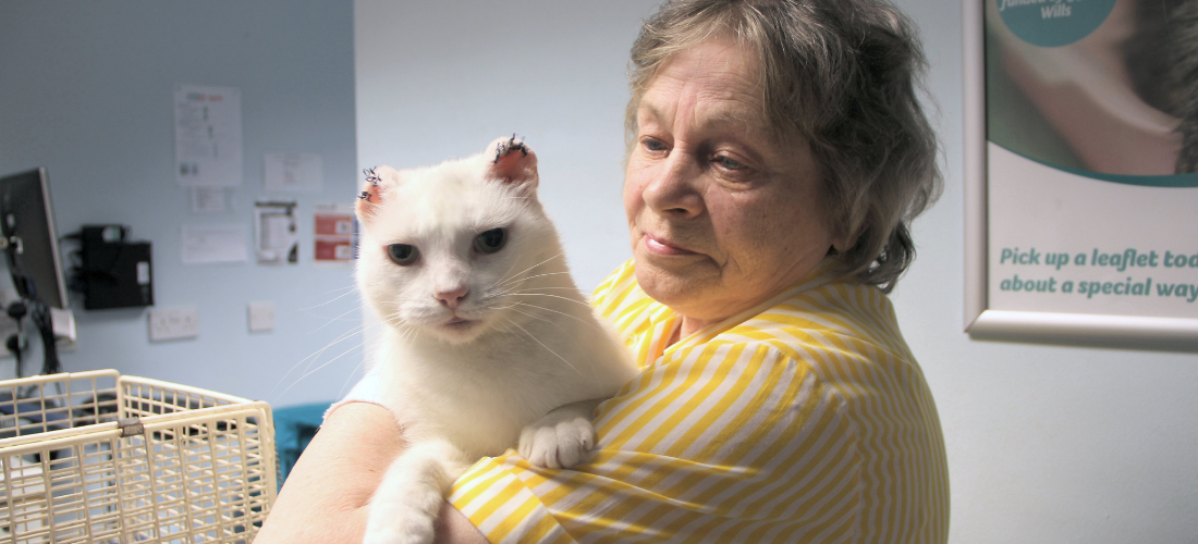 Image of Bobby with his owner, Maureen, before his operation
