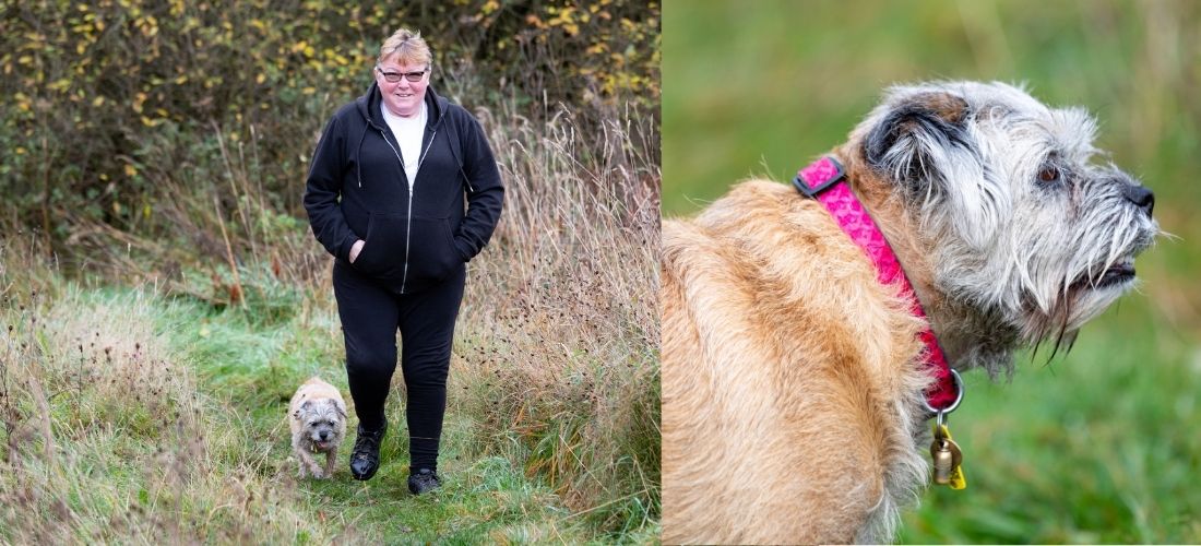 Photo showing Nelly recovering from her injury and walking with her owner