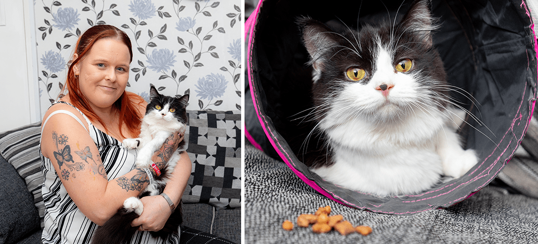 Photos showing Oreo with her owner Mel Woodward and playing in her tunnel at her home in Bristol