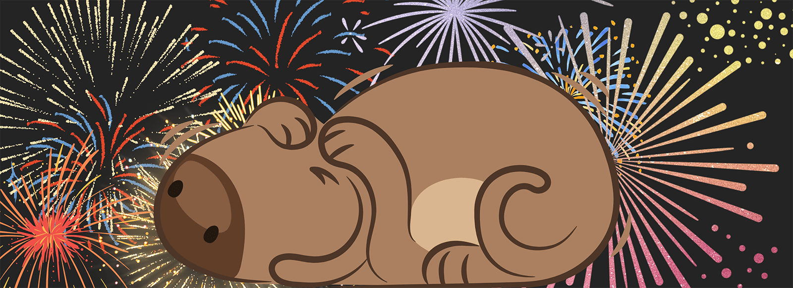 A cartoon image of a dog covering its ears to hide from fireworks