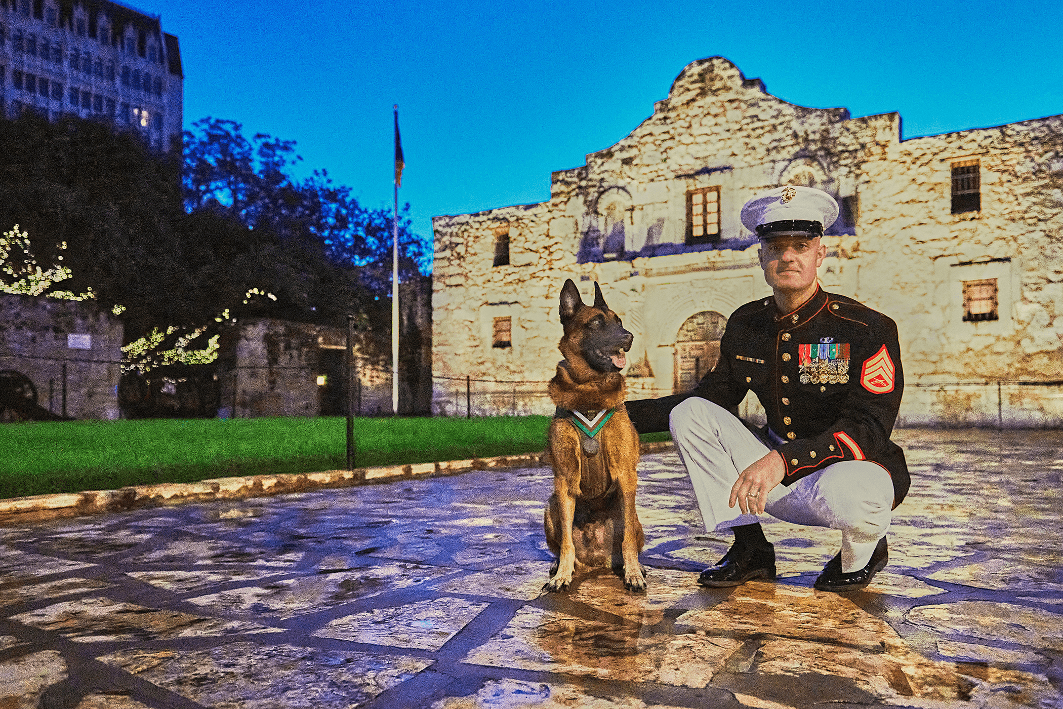 Bass with his handler, Staff Sergeant Alex Schnell