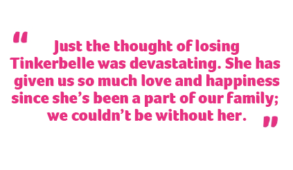 A quote from Tinkerbelle's owner, Sarah, saying "just the thought of losing Tinkerbelle was devastating. She has given us so much love and happiness since she’s been a part of our family; we couldn’t be without her."