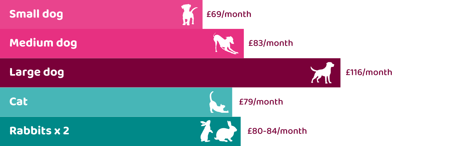 An infographic detailing the average monthly cost of owning a small dog, medium dog, large dog, cat and two rabbits.