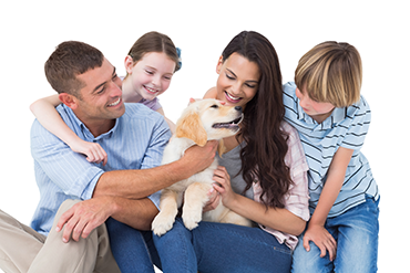 A photo of a family smiling and petting their dog