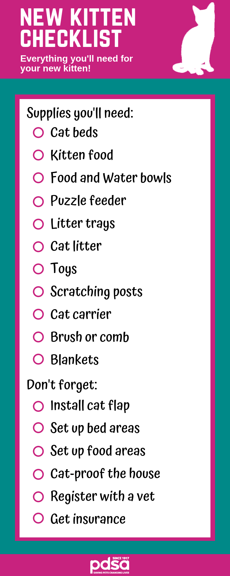 Graphic with a checklist for getting a kitten